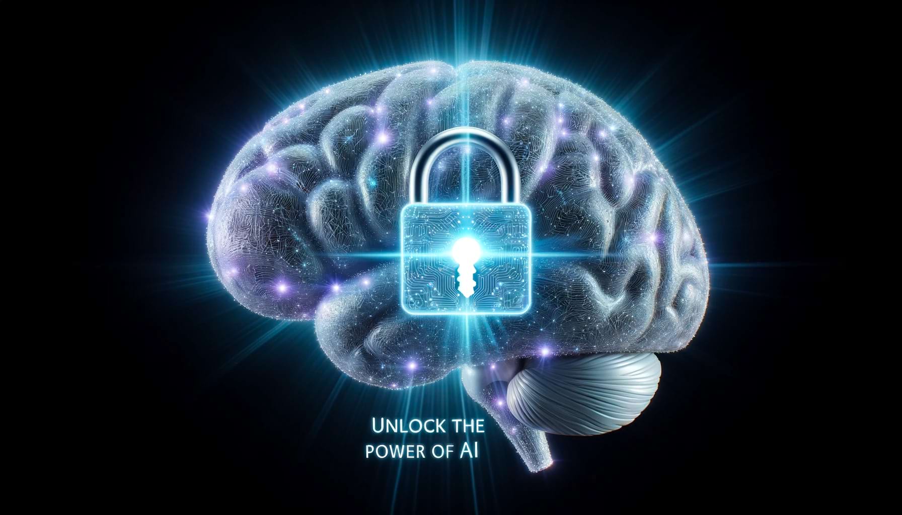 Photo of a detailed, luminescent human brain, with a holographic key gently turning inside a lock positioned at its core. Light beams radiate outward from the unlocking process. Above, the phrase 'Unlock the Power of AI' is subtly integrated.