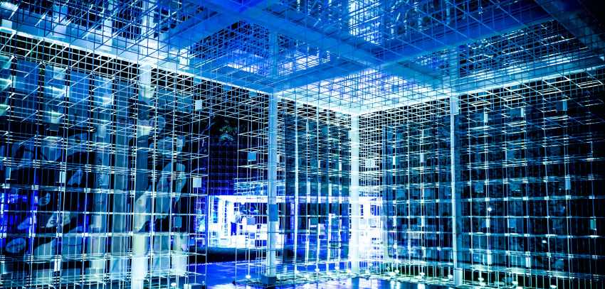 Blue lighting on an office building
